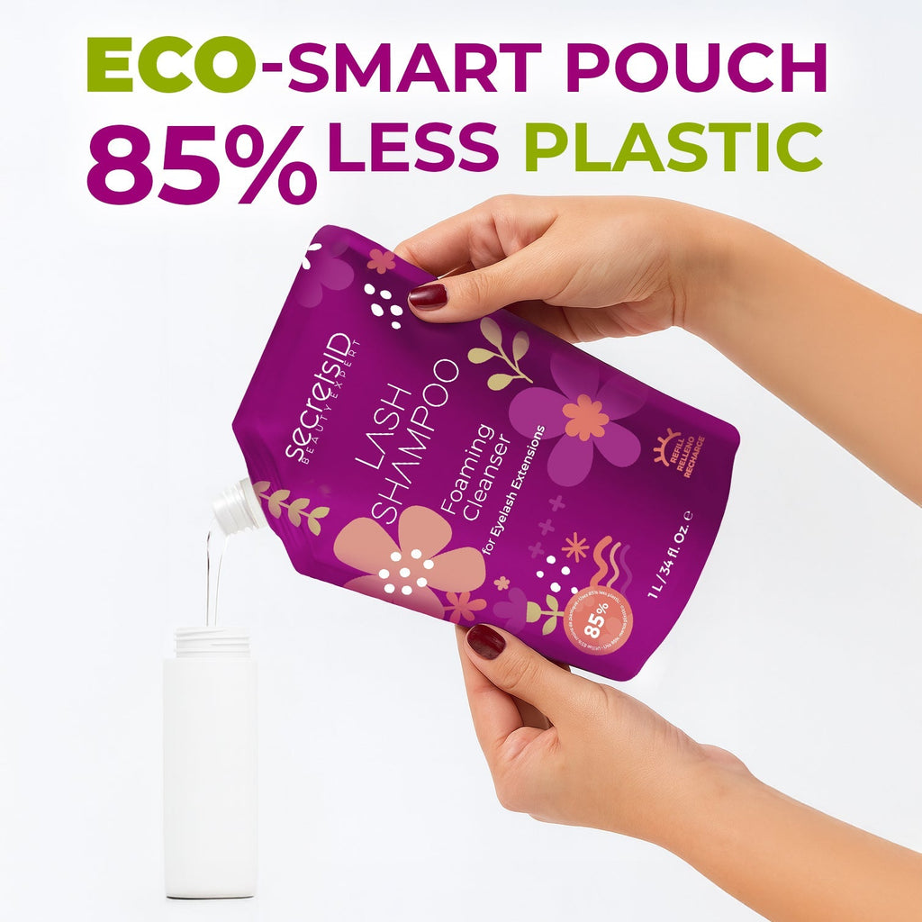 SecretsID 1 litre eco-refill pouch of bulk lash shampoo for eyelash extensions, fragrance-free