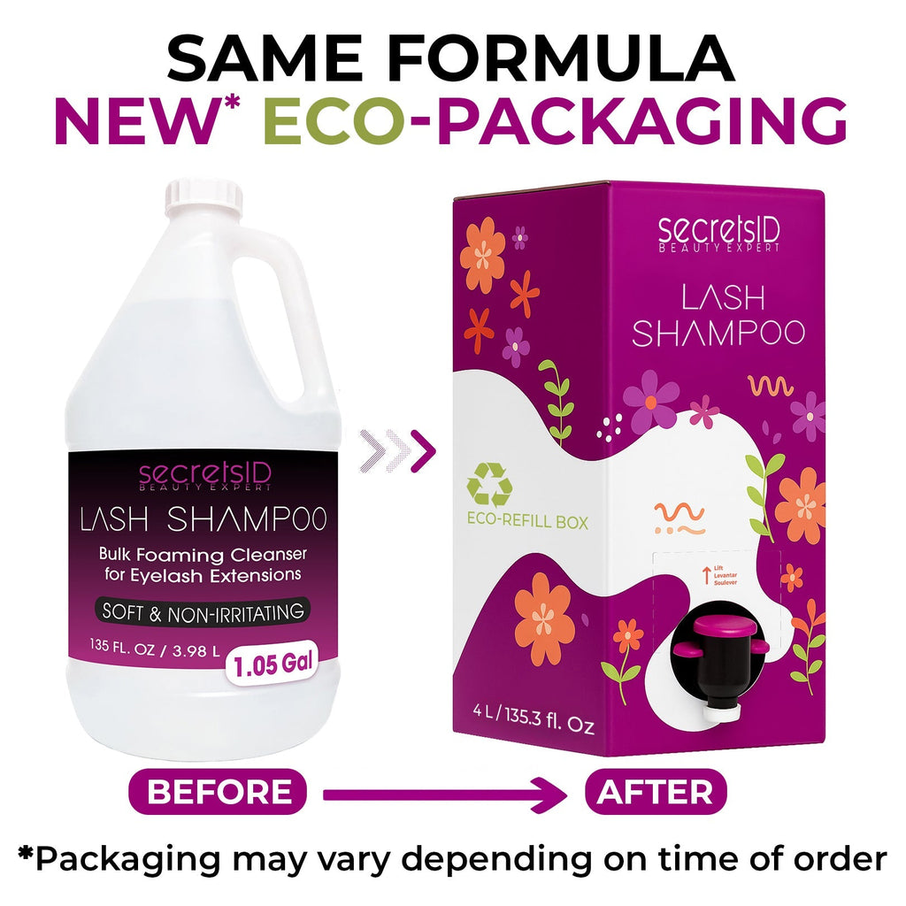 SecretsID bulk lash shampoo gallon for eyelash extensions with dispensing pump and 50 aftercare cards