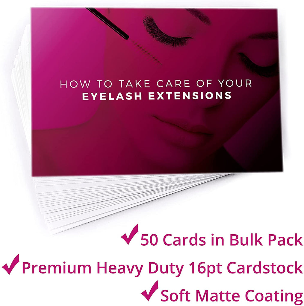 Step-by-step eyelash extension aftercare instructions printed on a client care card