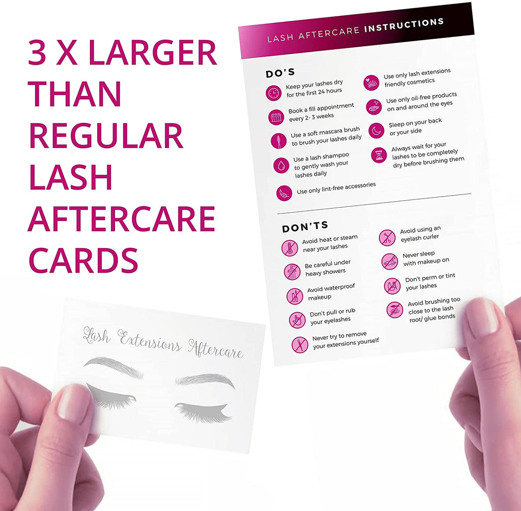 Lash care cards sized 4 x 6 inches, larger than standard aftercare cards