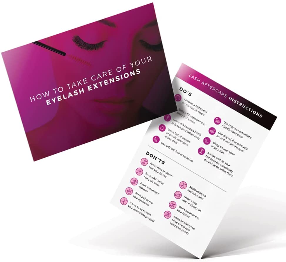 SecretsID eyelash extension aftercare cards, pack of 50, 4 x 6 inch double-sided matte